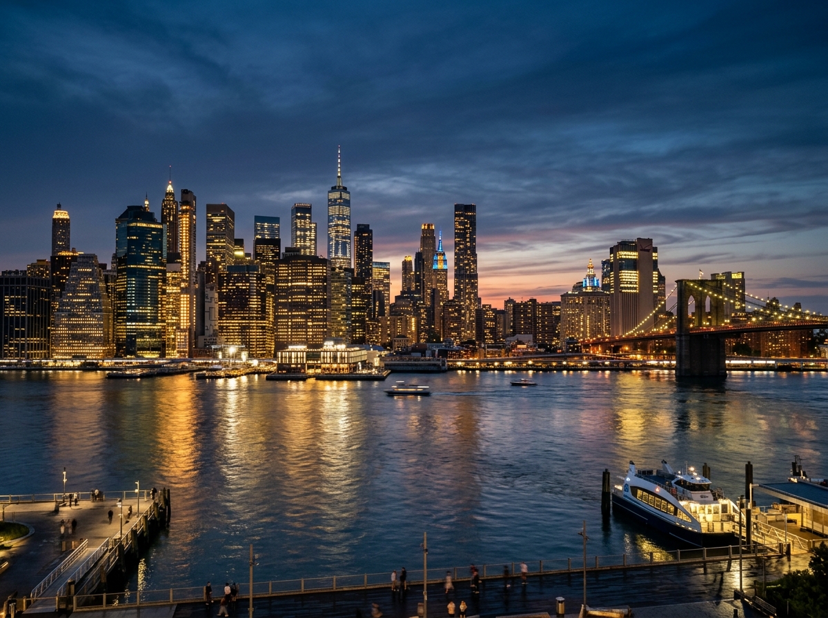 Illuminated iconic city skyline across harbor at dusk