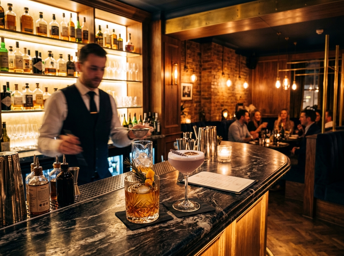 Atmospheric craft cocktail bar and lounge with glowing warm lighting