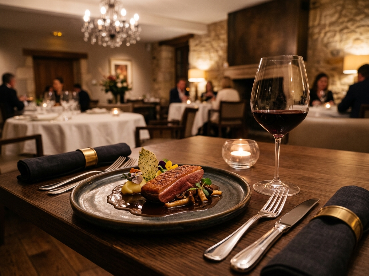 Exquisite fine dining table setting with culinary entree and fine wine